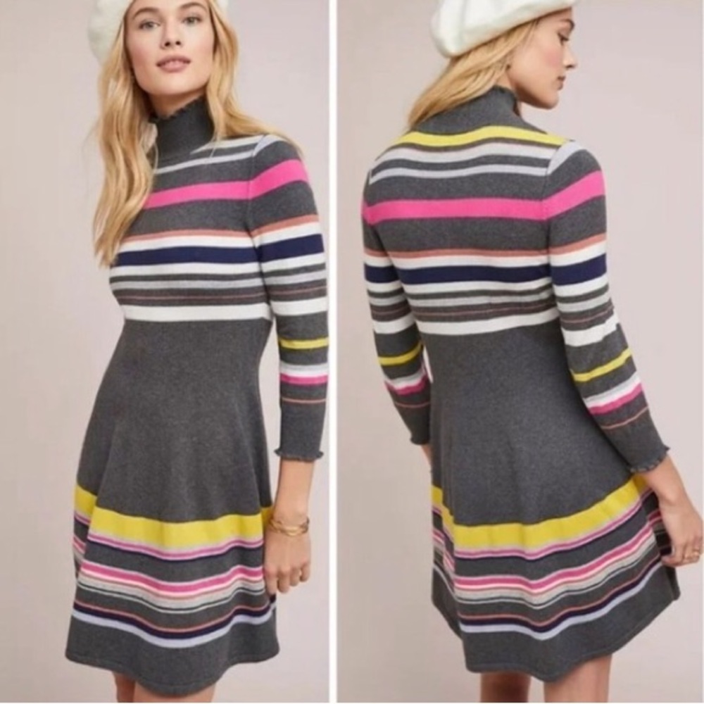 Maeve Anthropologie Wool Blend Striped Multicolor Turtleneck Grey Knit Dress XS